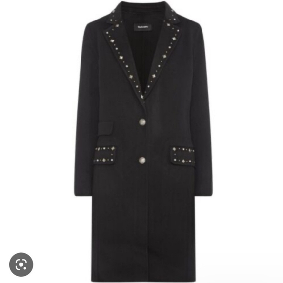 THE KOOPLES Wool Studded Accents & Pointed Collar Black Car Coat, Size XS 32 - Picture 3 of 5